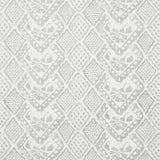 Detail of wallpaper in a lacey diamond print in white on a gray field.