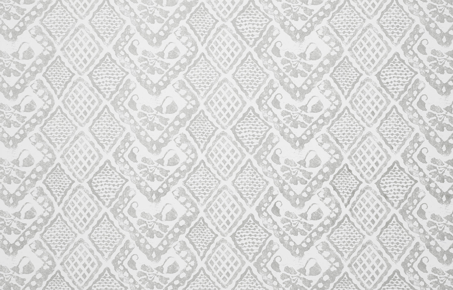 Detail of wallpaper in a lacey diamond print in white on a gray field.