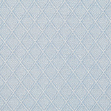 Detail of fabric in a diamond lattice print in white on a light blue field.