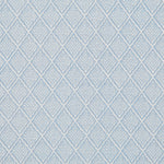 Detail of wallpaper in a diamond lattice print in white on a light blue field.