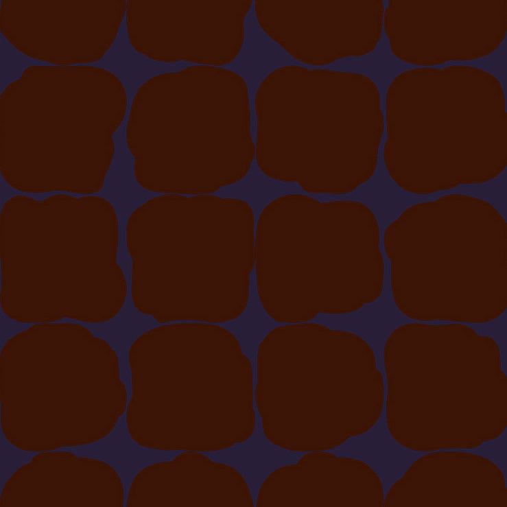 Detail of wallpaper in a repeating blot print in deep red on a dark blue field.
