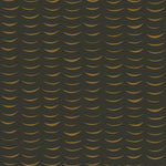 Wallpaper in an abstract crescent print in brown on a black field.