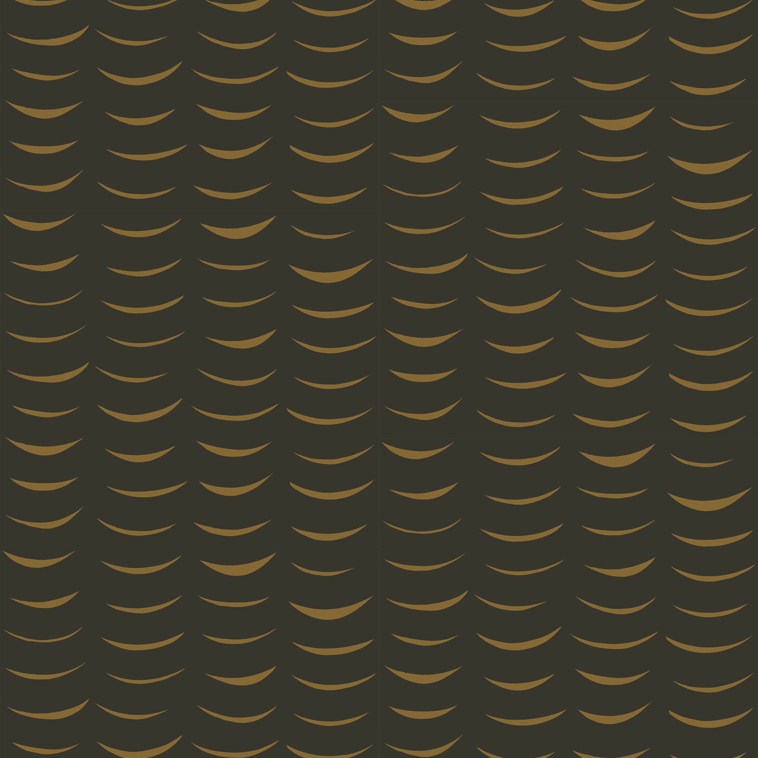 Wallpaper in an abstract crescent print in brown on a black field.