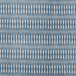 Detail of fabric in a small-scale geometric stripe print in blue and white.