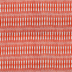 Detail of fabric in a small-scale geometric stripe print in red and white.