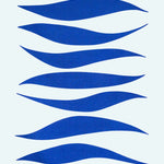 Detail of wallpaper in an abstract wave print in blue on a white field.
