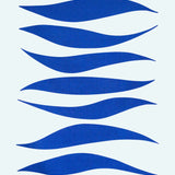 Detail of wallpaper in an abstract wave print in blue on a white field.