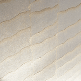 Wide-angle shot of wallpaper in an abstract textural pattern in metallic pink and cream.