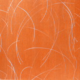 Detail of a wallpaper in an abstract curved line pattern in metallic silver on an orange field.