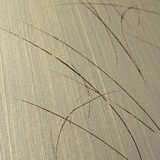 Wide-angle shot of wallpaper in an abstract curved line pattern in gold on a metallic field.