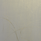 Detail of a wallpaper in an abstract curved line pattern in metallic gold on a silver field.