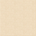 Detail of wallpaper in a dense plaid pattern in shades of orange and tan.