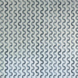 Detail of wallpaper in a playful curvy stripe print in navy on a light blue field.