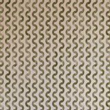 Detail of wallpaper in a playful curvy stripe print in green on a light pink field.