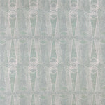 Detail of wallpaper in an abstract geometric print in light green and gray.