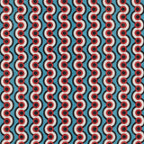 Detail of fabric in a playful curving stripe print in red, white and black on a blue field.