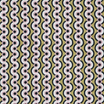 Detail of fabric in a playful curving stripe print in black, pink and white on a gold field.