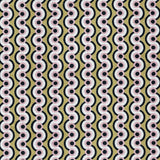 Detail of fabric in a playful curving stripe print in black, pink and white on a gold field.