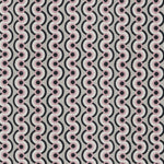 Detail of fabric in a playful curving stripe print in black, pink and white on a gray field.