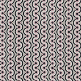 Detail of fabric in a playful curving stripe print in black, pink and white on a gray field.