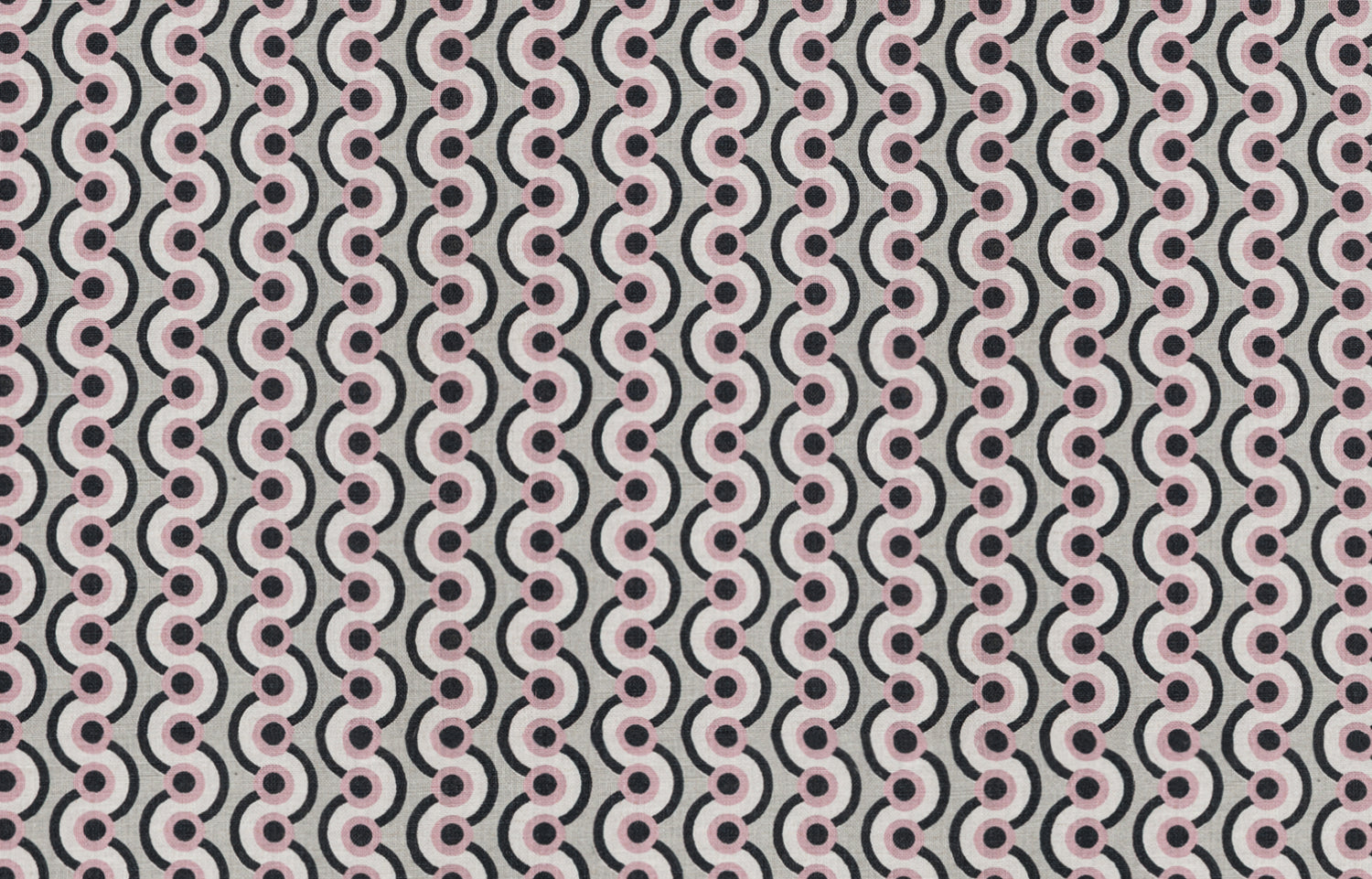 Detail of fabric in a playful curving stripe print in black, pink and white on a gray field.