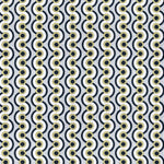 Detail of fabric in a playful curving stripe print in black, olive and white on a gray field.