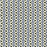 Detail of fabric in a playful curving stripe print in black, olive and white on a gray field.