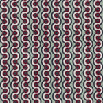 Detail of fabric in a playful curving stripe print in red, white and green on a light green field.