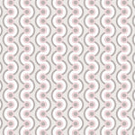 Detail of wallpaper in a playful curving stripe print in white, purple and gray on a light gray field.