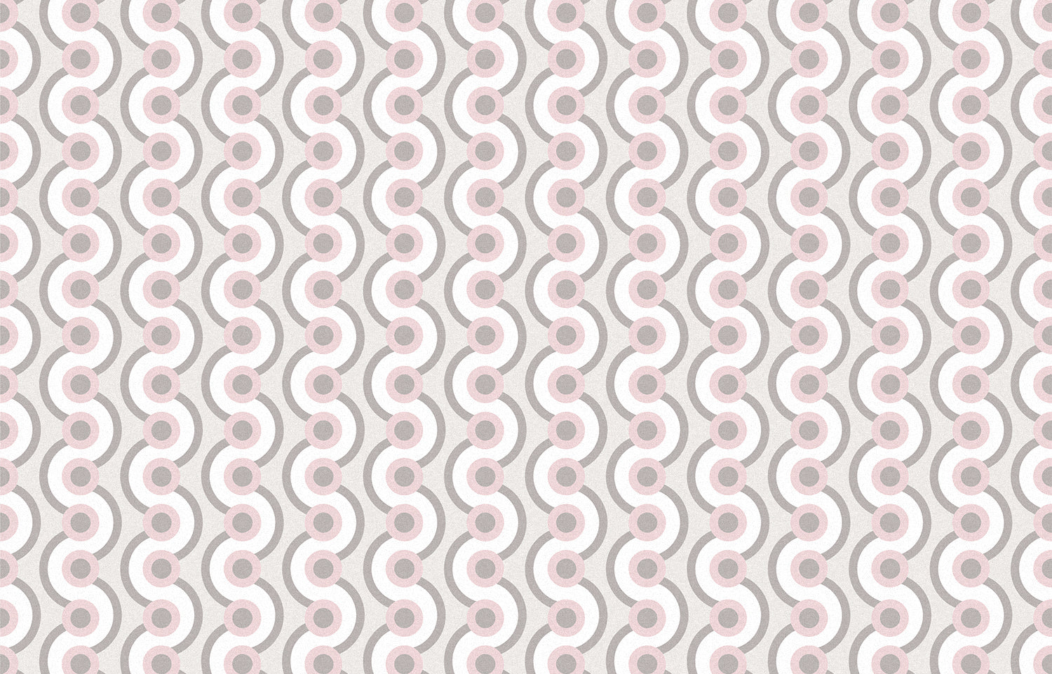 Detail of wallpaper in a playful curving stripe print in white, purple and gray on a light gray field.