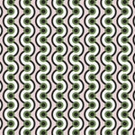 Detail of wallpaper in a playful curving stripe print in black, white and green on a light pink field.