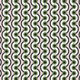 Detail of wallpaper in a playful curving stripe print in black, white and green on a light pink field.