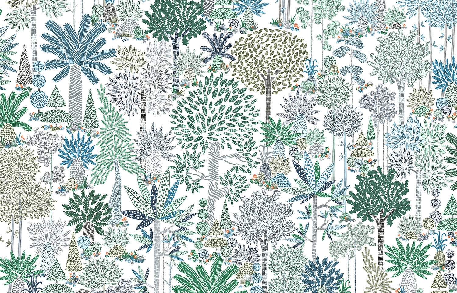 Detail of fabric in a playful tree print in green, blue and navy on a white field.