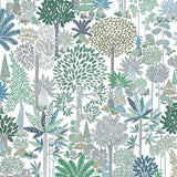Detail of fabric in a playful tree print in green, blue and navy on a white field.