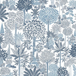 Detail of fabric in a playful tree print in blue and navy on a white field.
