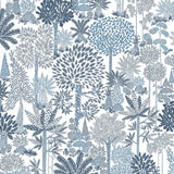 Detail of fabric in a playful tree print in blue and navy on a white field.