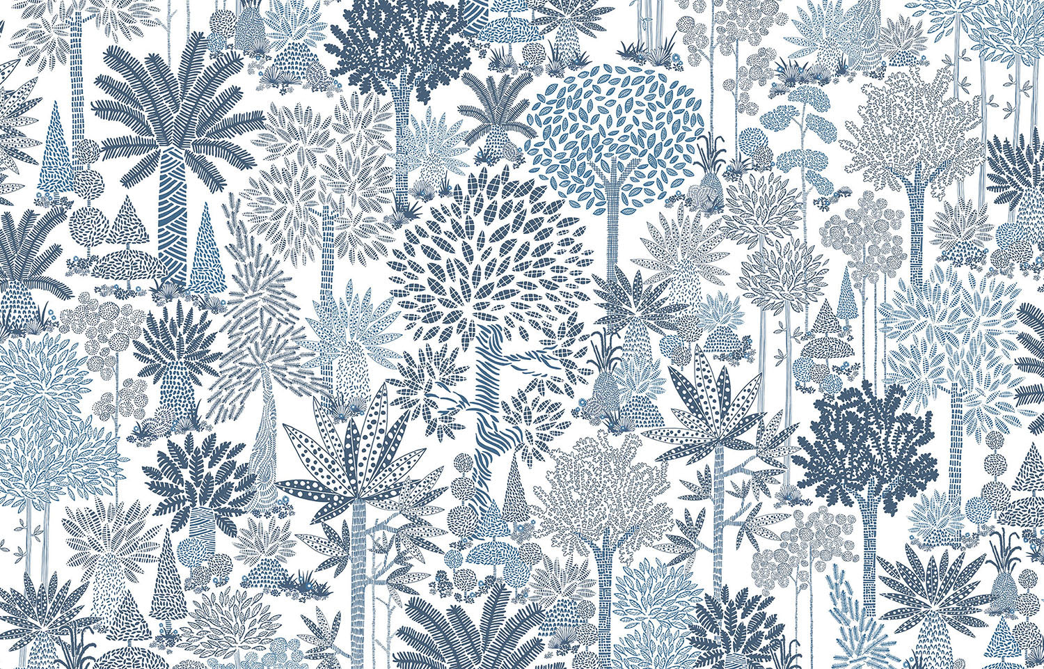 Detail of fabric in a playful tree print in blue and navy on a white field.