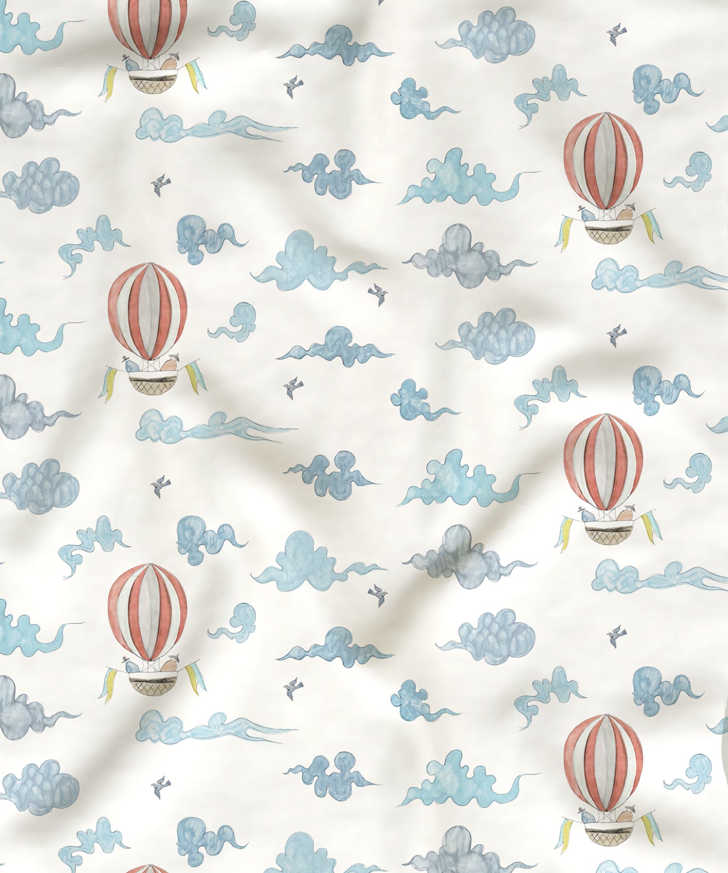 Pattern of hot air balloons and clouds on a white background