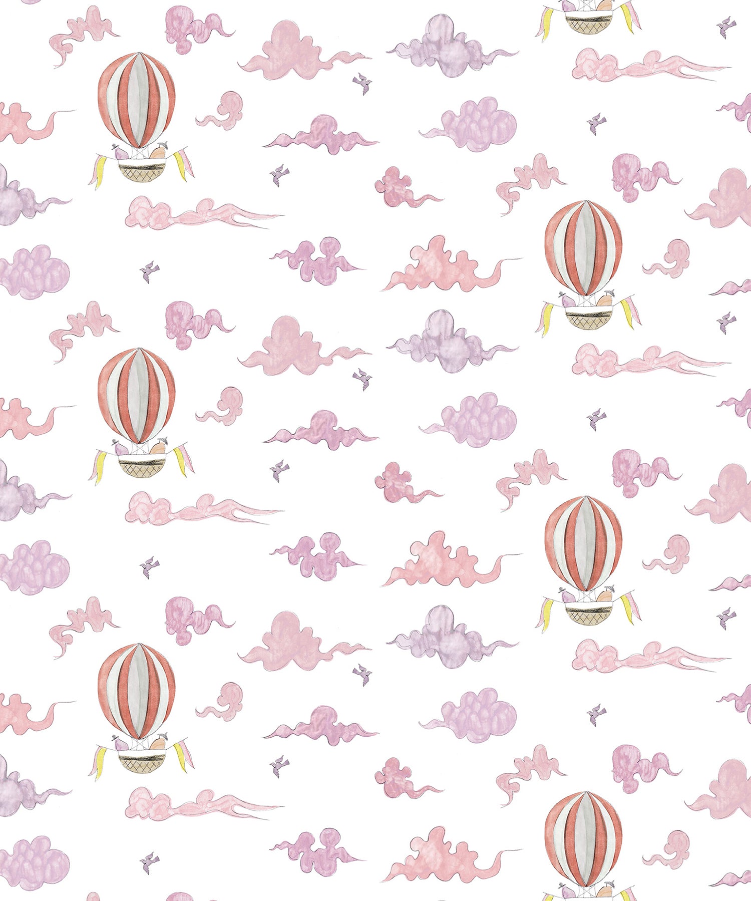 Pattern of hot air balloons and clouds on a white background