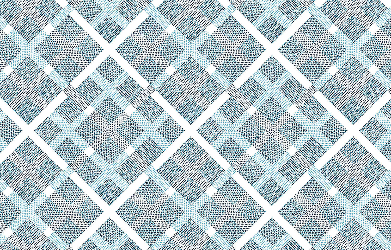 Detail of fabric in a dotted plaid pattern in shades of blue and black on a white field.