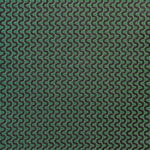 Detail of fabric in a playful curving stripe in gray on a green field.