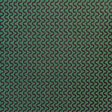 Detail of fabric in a playful curving stripe in gray on a green field.