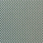 Detail of fabric in a playful curving stripe in cream on a green field.