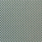 Detail of fabric in a playful curving stripe in cream on a green field.