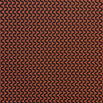 Detail of fabric in a playful curving stripe in black on a burnt orange field.
