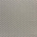 Detail of fabric in a playful curving stripe in cream on a gray field.