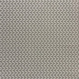 Detail of fabric in a playful curving stripe in cream on a gray field.