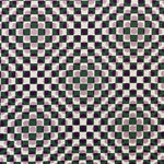 Detail of fabric in a geometric check and polka dot pattern in pink, black, cream and green.