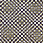 Detail of fabric in a geometric check and polka dot pattern in purple, gold, cream and black.