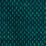Detail of wallpaper in a repeating botanical grid print in turquoise on a black field.